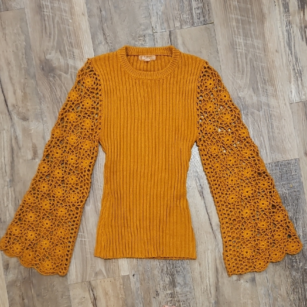 Orange Knit Sweater with Crochet Bell Sleeves